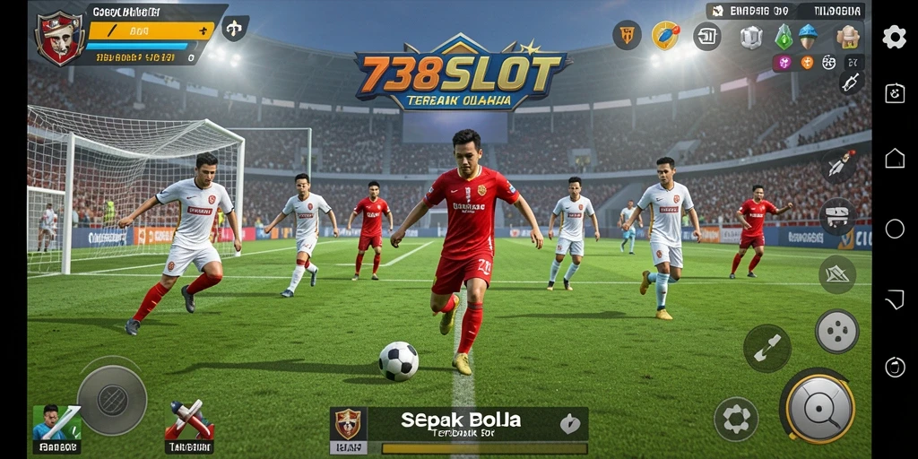 Tampilan gameplay seru dalam 738SLOT yang menggambarkan aksi sepak bola.