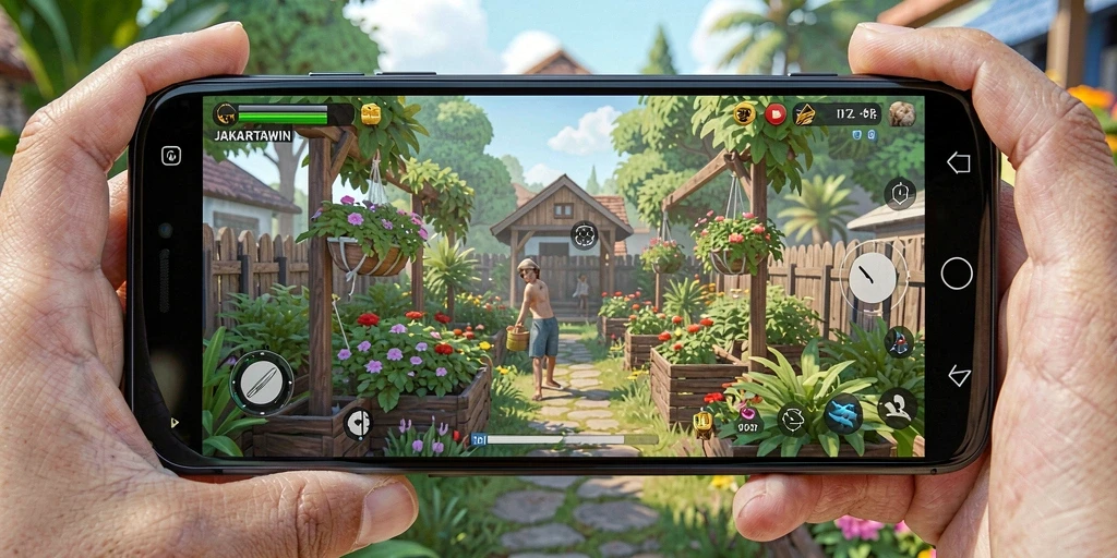 Tampilan gameplay JAKARTAWIN saat berkebun dengan berbagai tanaman.