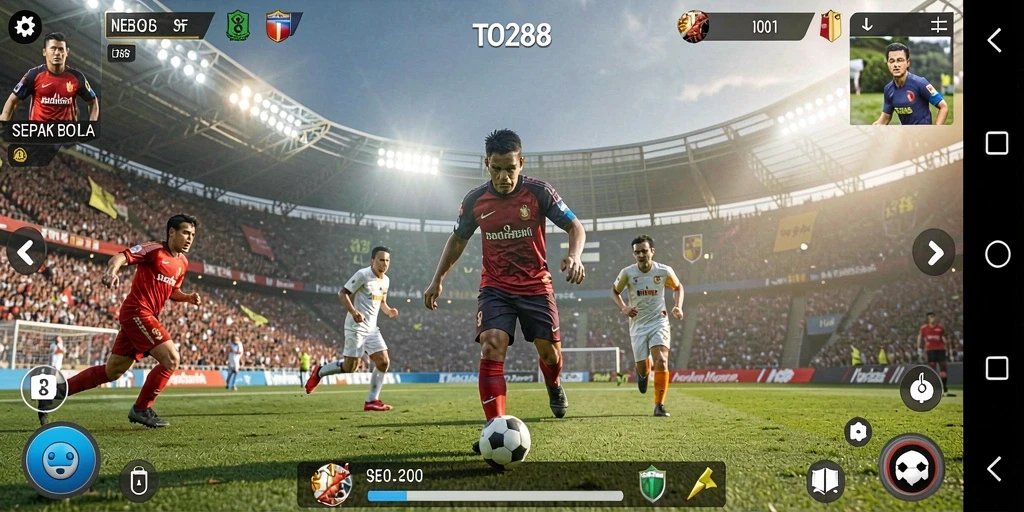 Screenshot utama TO288 menunjukkan pertandingan sepak bola seru dengan grafis realistis.